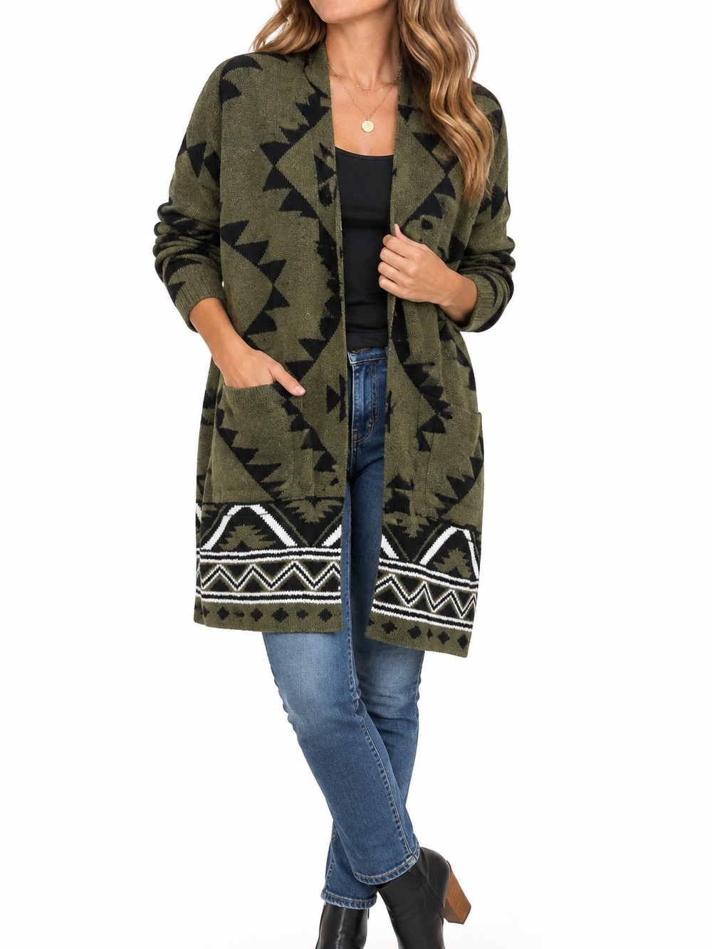 FRYE Women’s M Geometric Aztec Southwestern Open Front Cardigan Olive Black